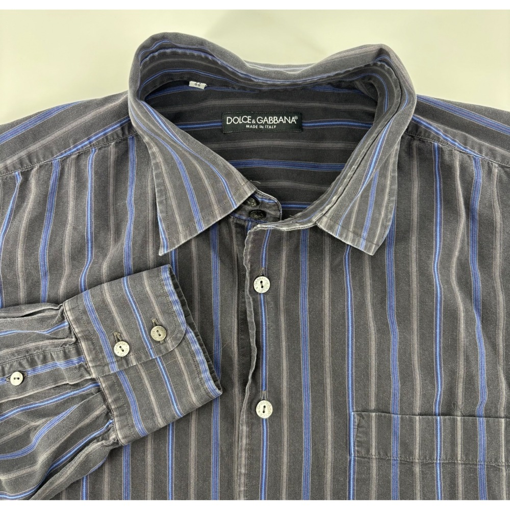 VTG Dolce & Gabbana Shirt Men 17.5/44 Black Blue Striped Long Sleeve Button Up